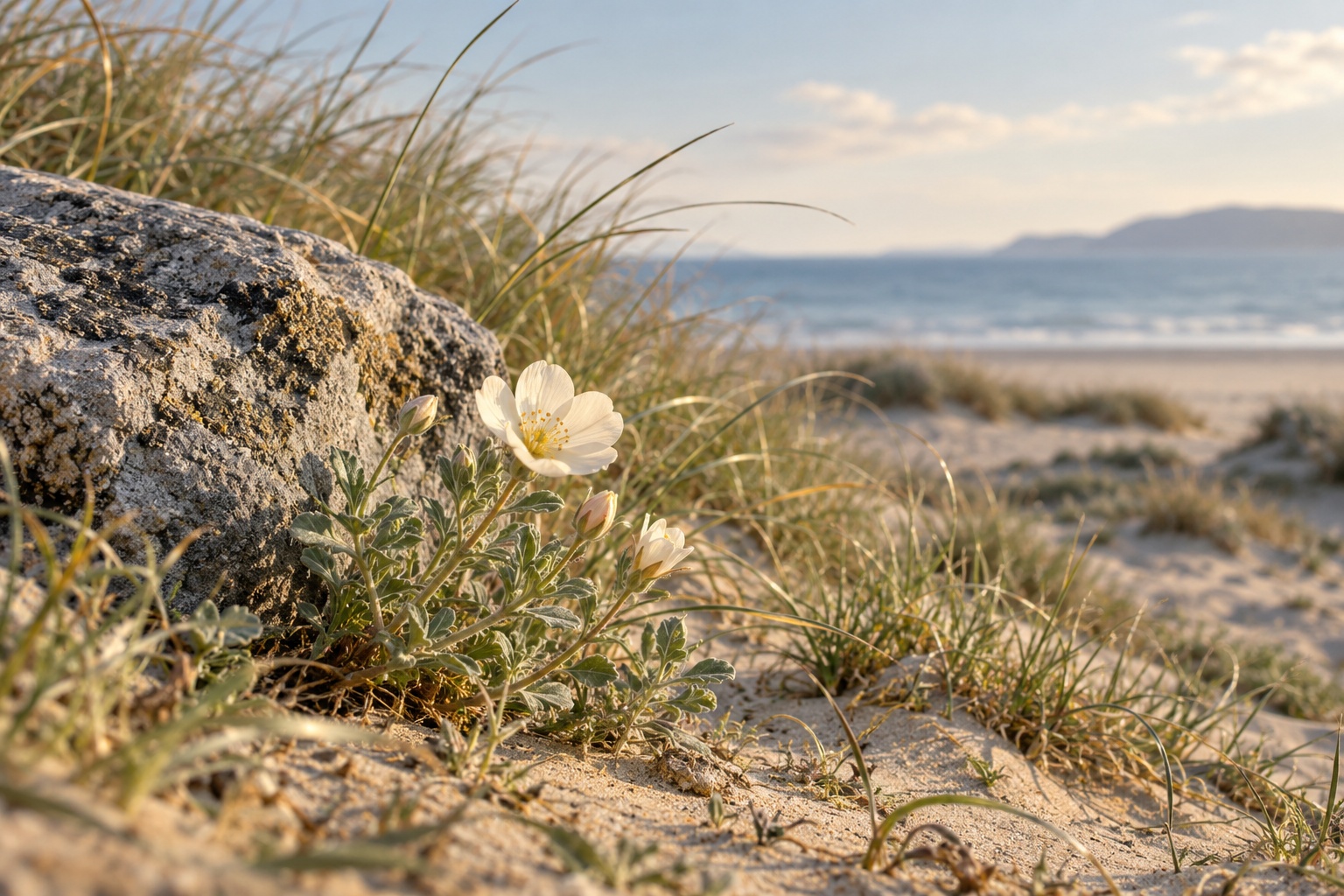 A delicate flower growing beside weathered stone, reflecting acceptance and hope
