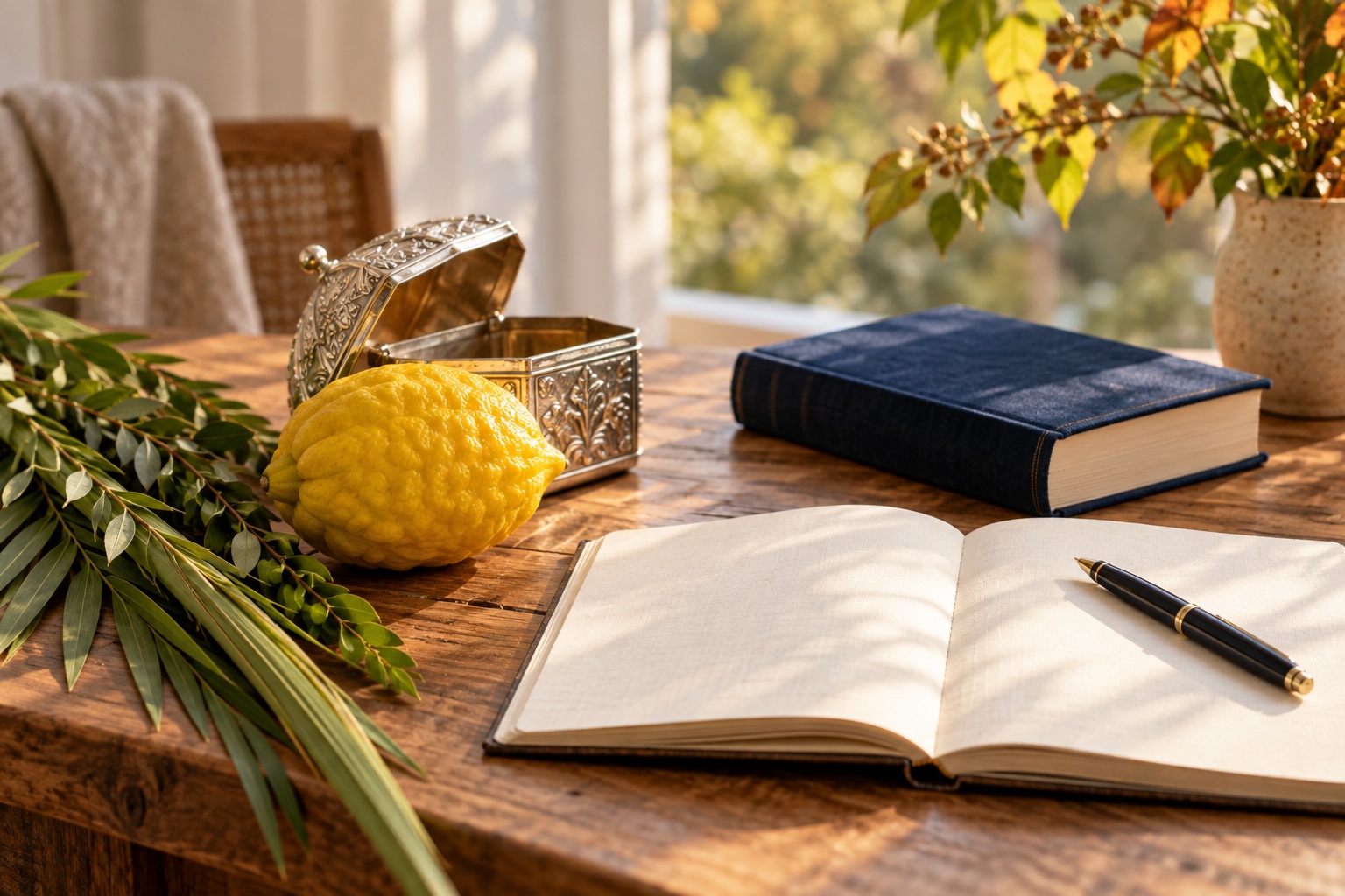 An etrog, prayer book, and journal in warm sunlight, connecting Yom Tov with everyday reflection